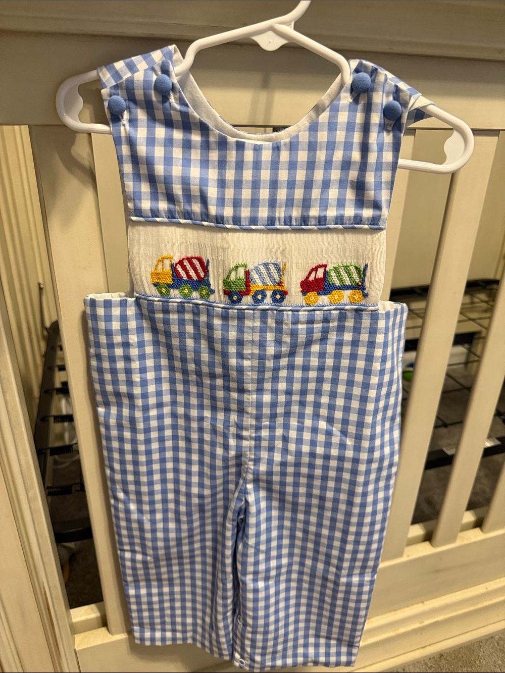 Smocked Blue Gingham Kids One-Piece Overalls with Vehicle Embroidery